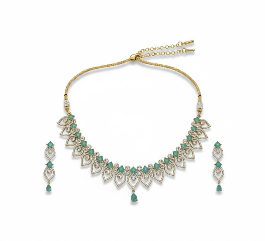 AD American Diamonds Emerald Color Gold Polish Neck Jewellery Set