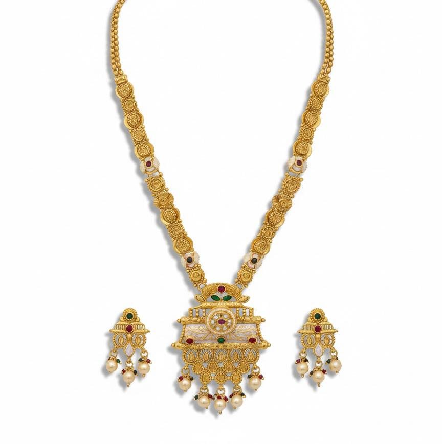 Temple Long Necklace Set with Meenakari Work Multi Color Gold Polish