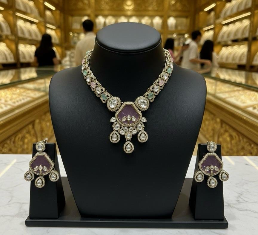AD American Diamonds Ruby Stone Gold Polish Neck Jewellery Set