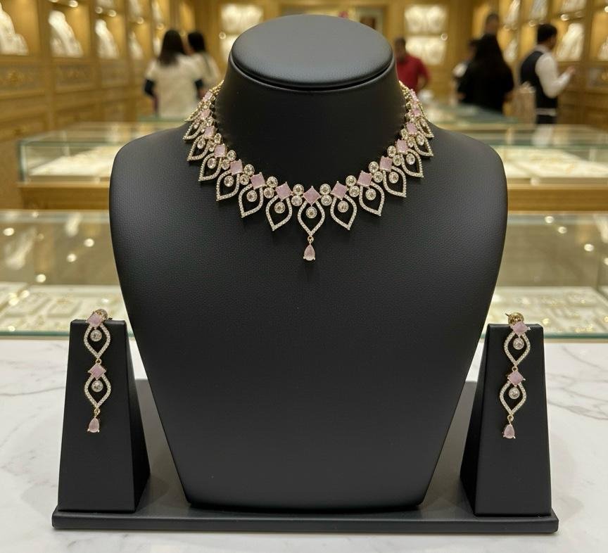 AD American Diamonds Pink Color Gold Polish Neck Jewellery Set