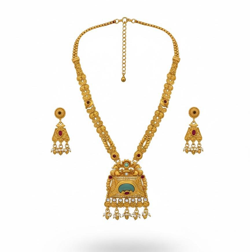 Temple Style Mint Color Long Necklace Set with Gold Polish