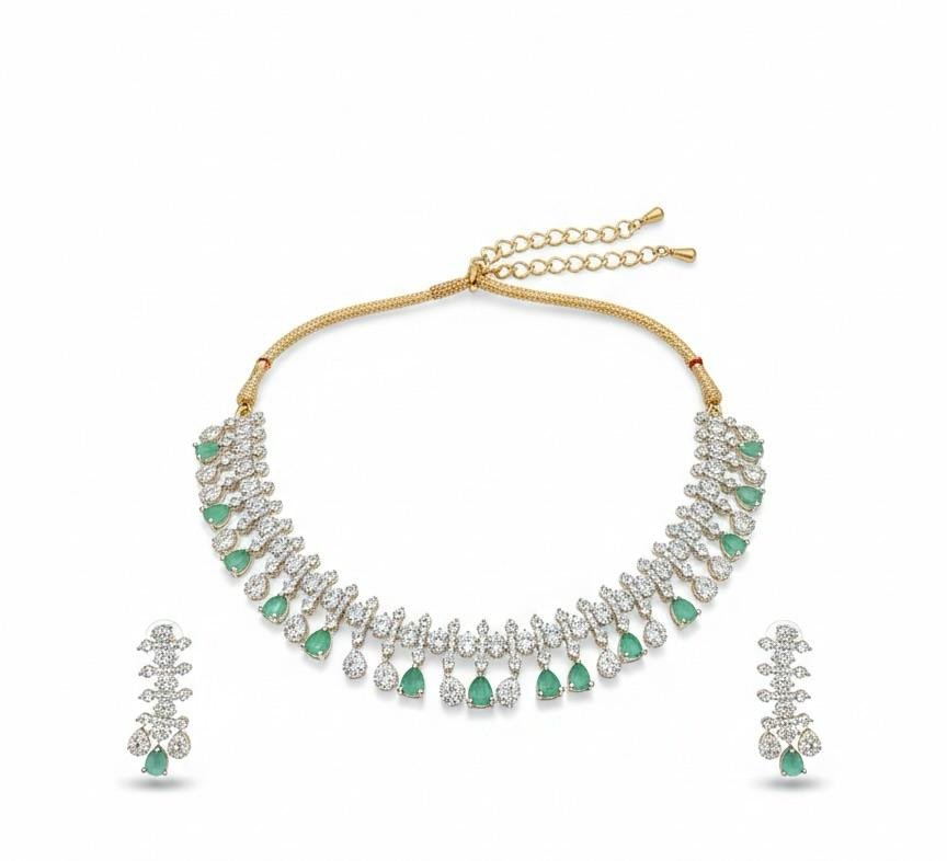 AD American Diamonds Mint Color Silver Polish Neck Jewellery Set