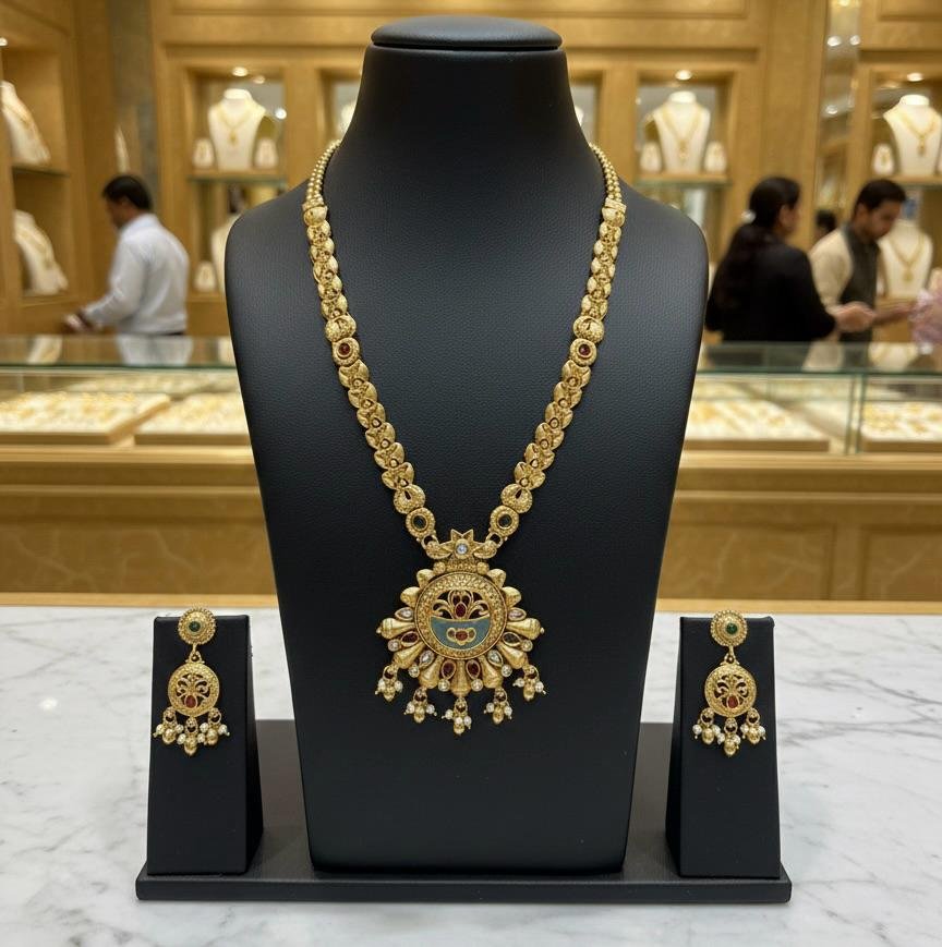 Temple Style Mint Color Long Necklace Set with Gold Polish