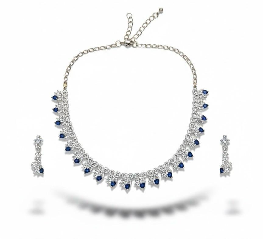 AD American Diamonds Blue Stone Silver Polish Neck Jewellery Set