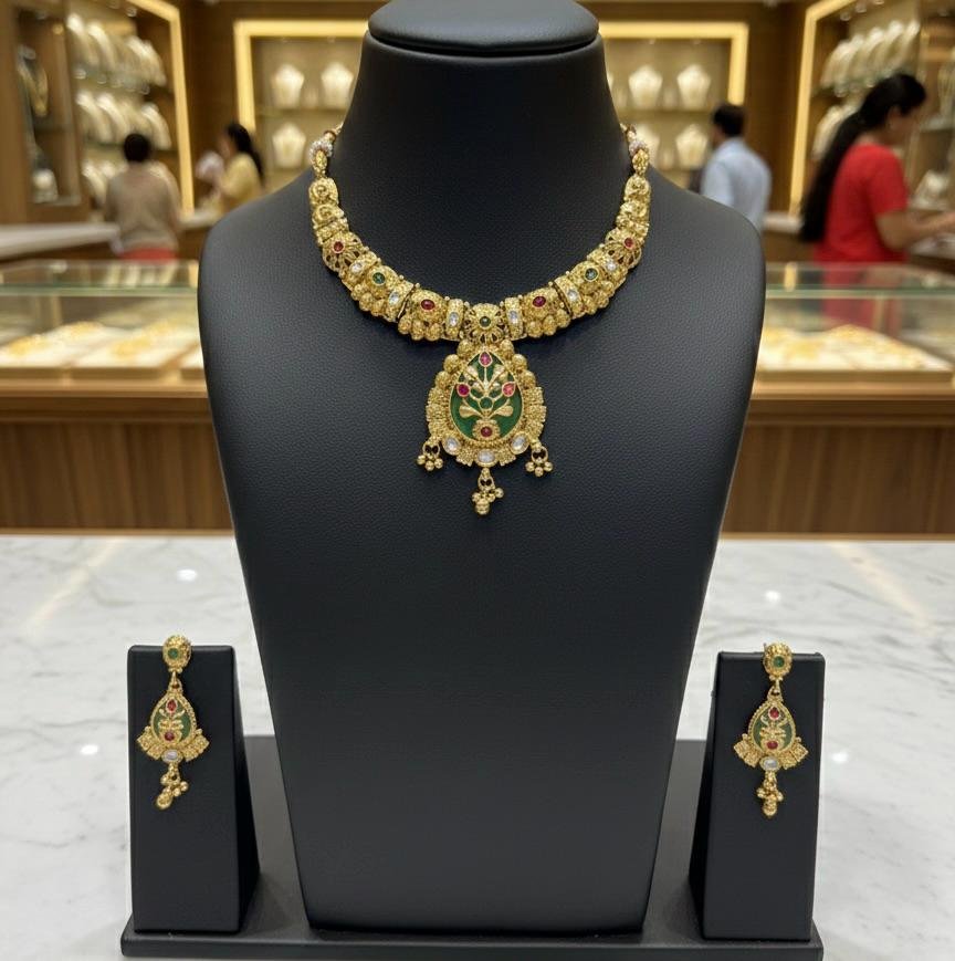 Temple Long Necklace Set Mint Color Golden Polish