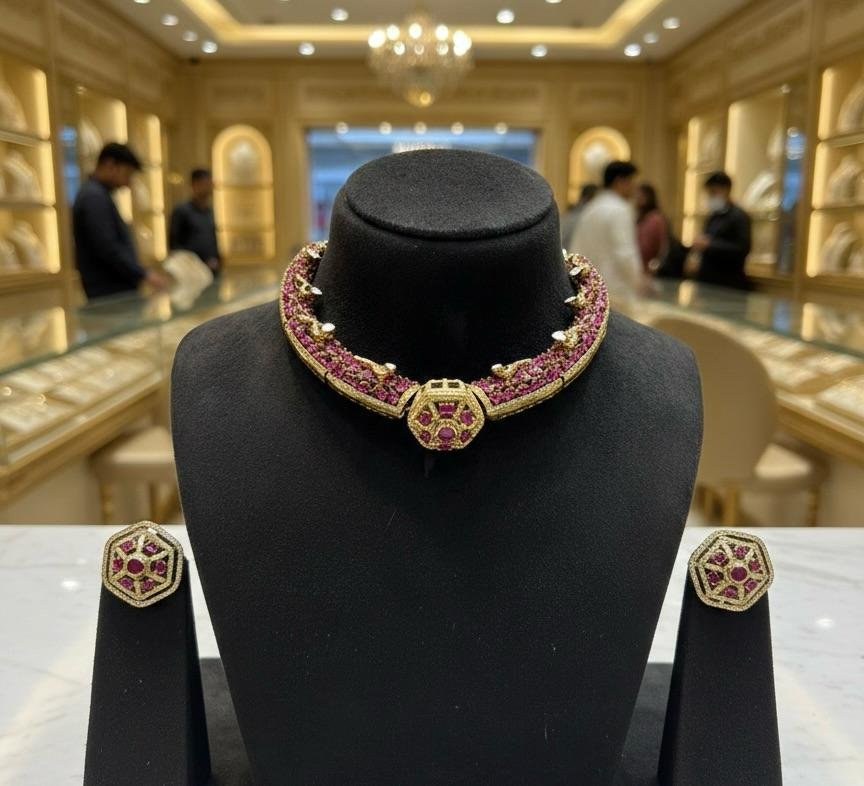 AD American Diamonds Ruby Color Antique Polish Neck Jewellery Set