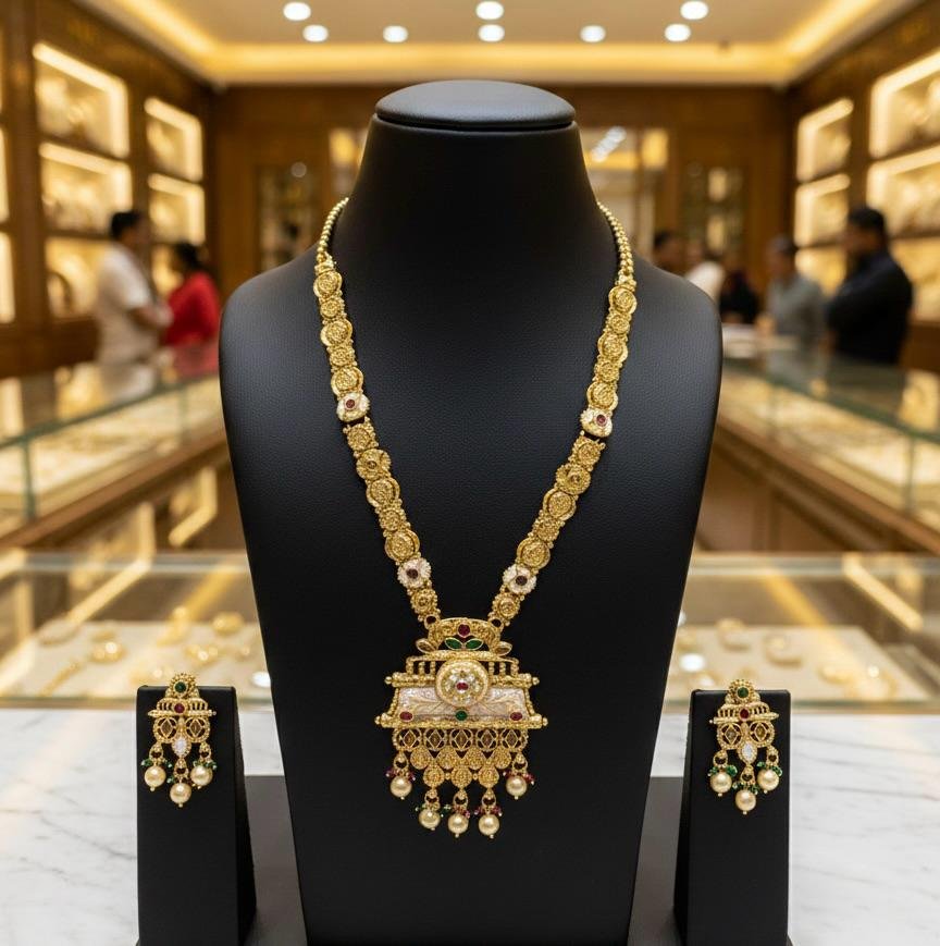 Temple Long Necklace Set with Meenakari Work Multi Color Gold Polish