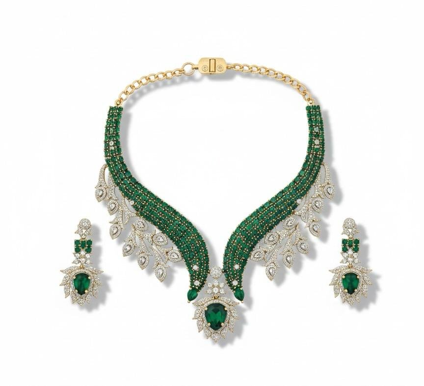 Royal Emerald AD (American Diamonds) V-Shape Neck Jewellery Set