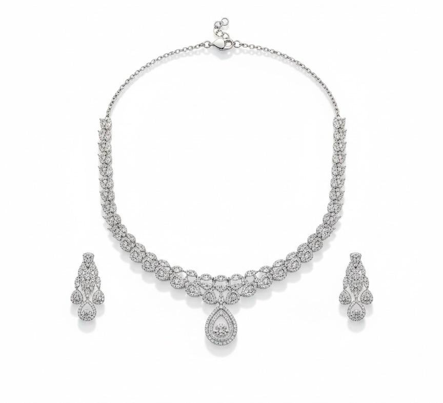 AD American Diamonds Silver Polish Neck Jewellery Set
