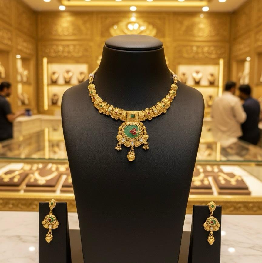 Temple Long Necklace Set Mint Color Golden Polish