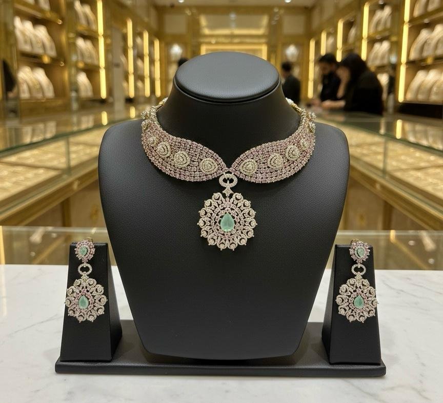 Royal Pink AD (American Diamonds) V-Shape Antique Neck Jewellery Set