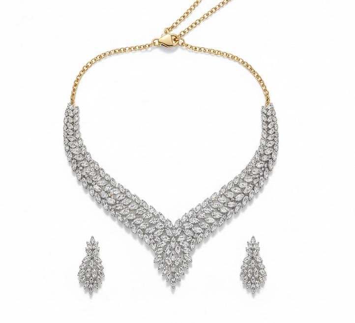 AD American Diamonds V-Shape Silver Polish Neck Jewellery Set