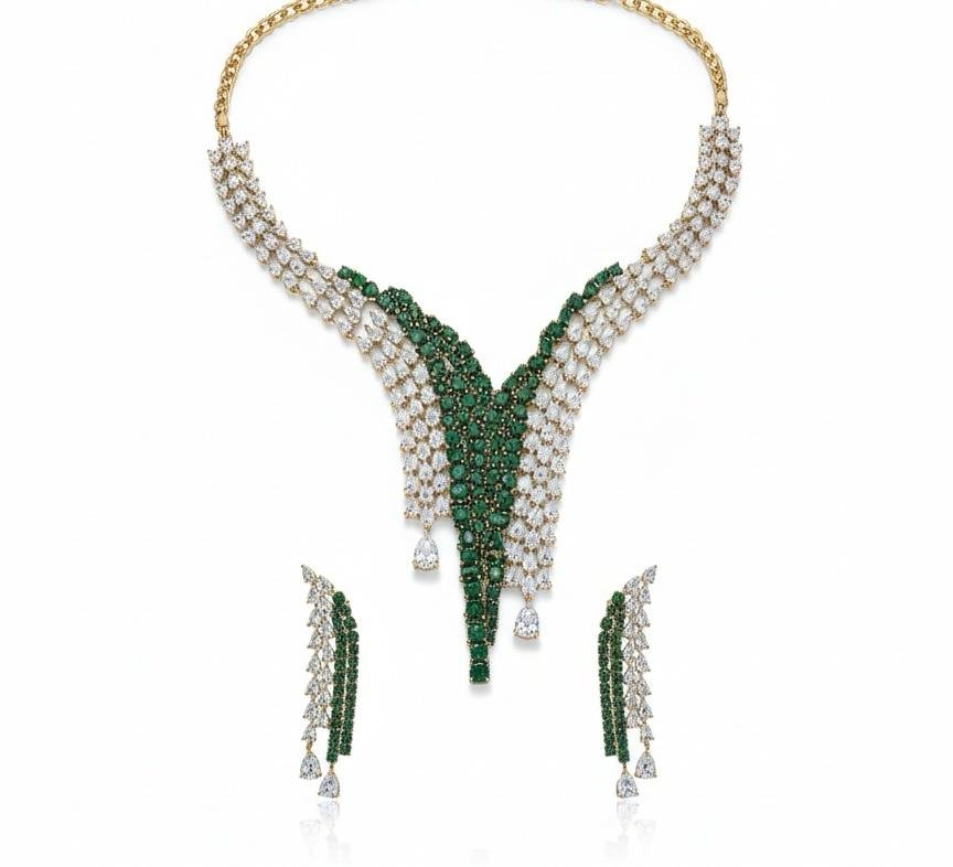 AD American Diamonds Emerald Color Antique Polish Neck Jewellery Set
