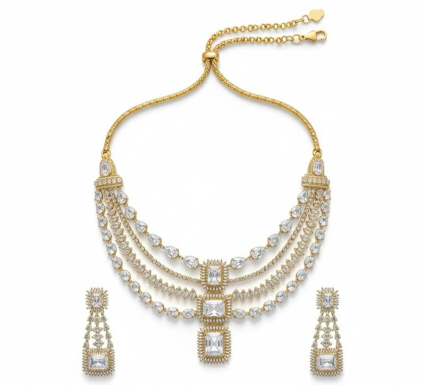AD American Diamond 3 Layer Necklace Set Gold Polish
