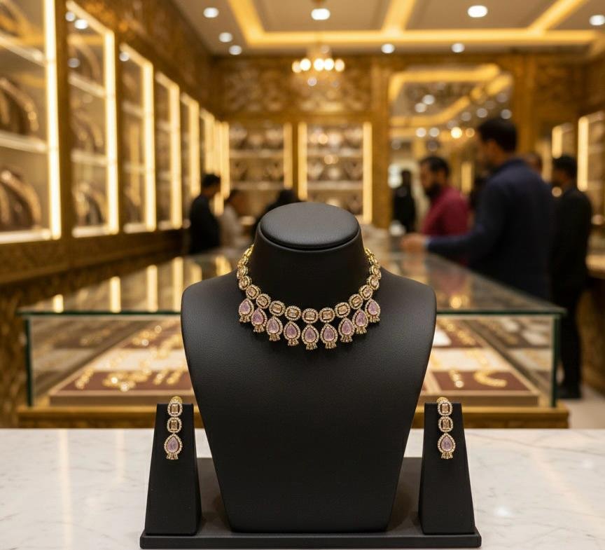 AD American Diamonds Pink Color Antique Gold Polish Neck Jewellery Set