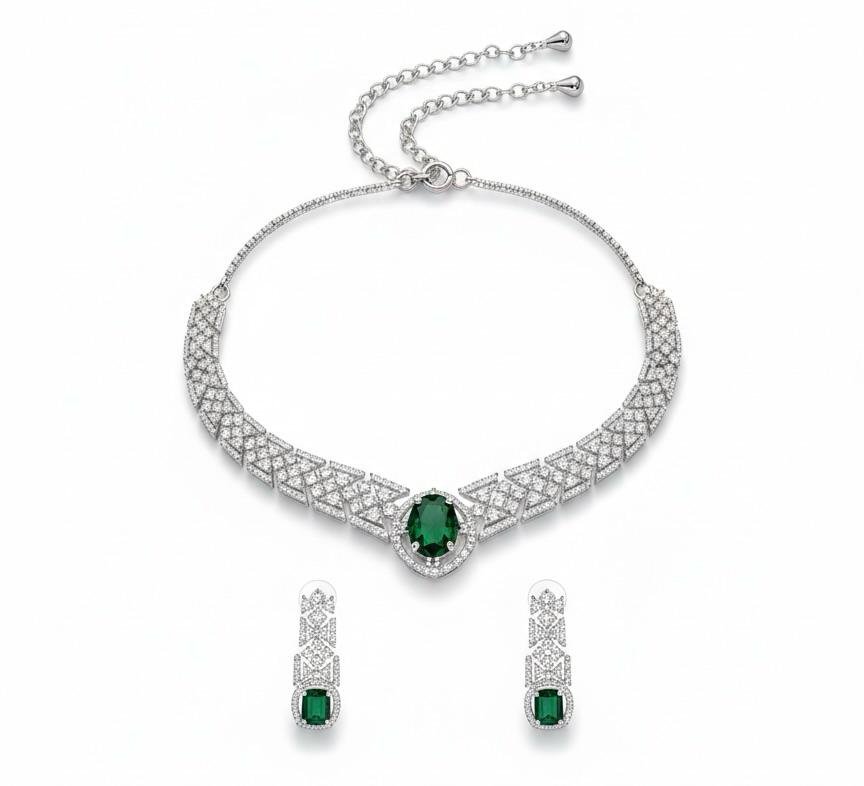 AD American Diamonds Green Stone Silver Polish Neck Jewellery Set