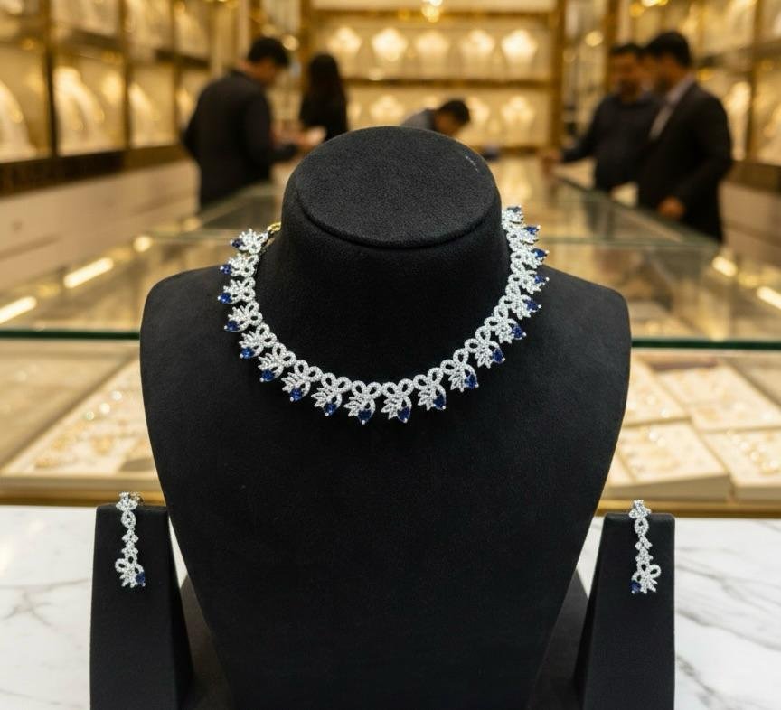AD American Diamonds Blue Stone Silver Polish Neck Jewellery Set