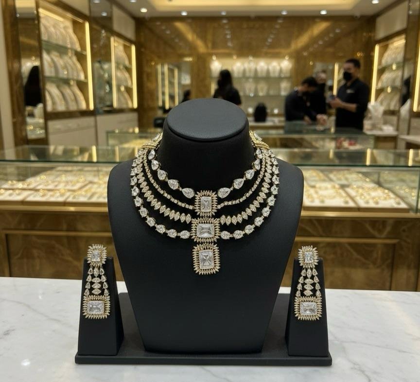 AD American Diamond 3 Layer Necklace Set Gold Polish