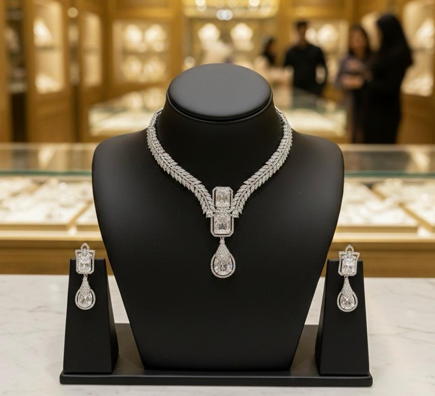 AD American Diamonds v- shape Silver Polish Neck Jewellery Set