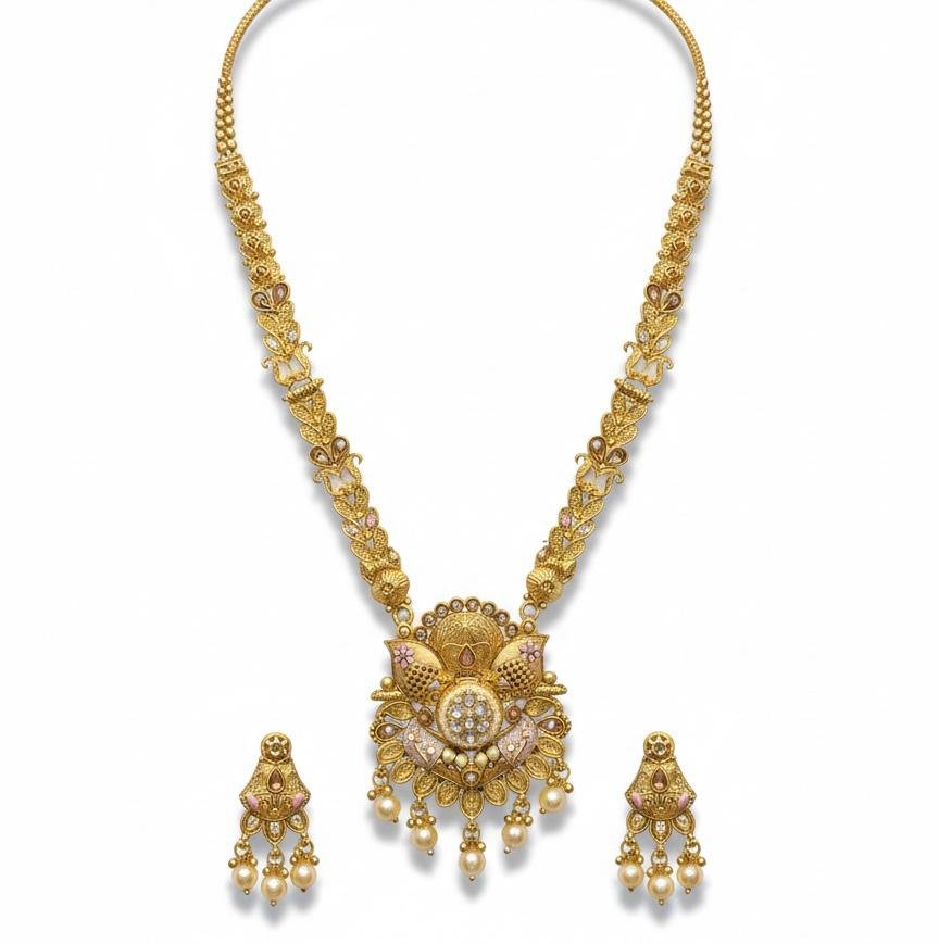 Temple Long Necklace Set Multi Color Gold Polish