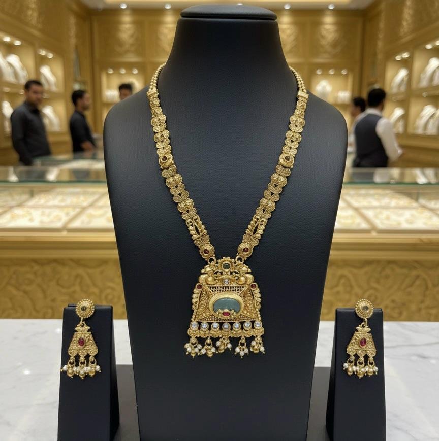Temple Style Mint Color Long Necklace Set with Gold Polish
