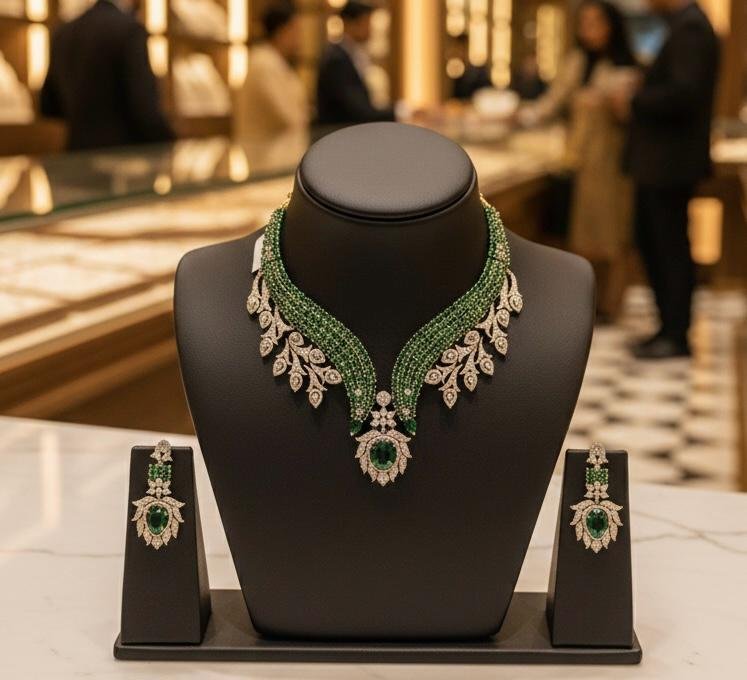 Royal Emerald AD (American Diamonds) V-Shape Neck Jewellery Set
