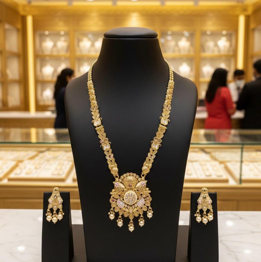 Temple Long Necklace Set Multi Color Gold Polish