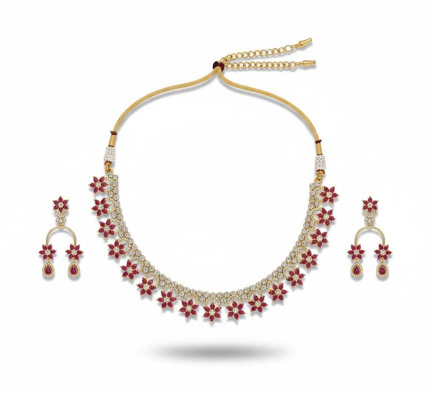 AD American Diamonds Ruby Color Gold Polish Neck Jewellery Set