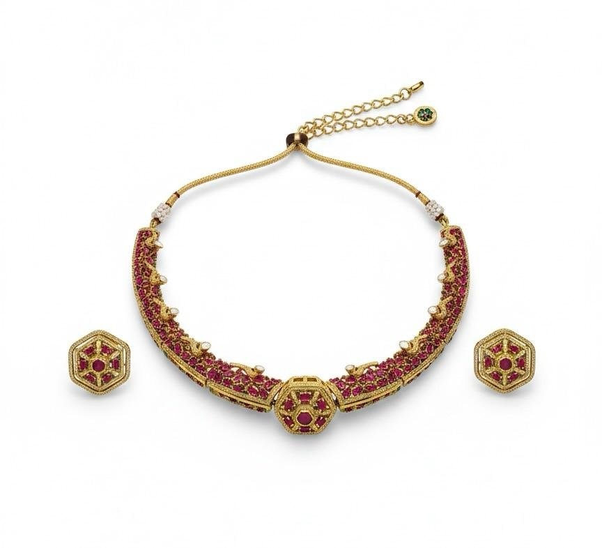 AD American Diamonds Ruby Color Antique Polish Neck Jewellery Set