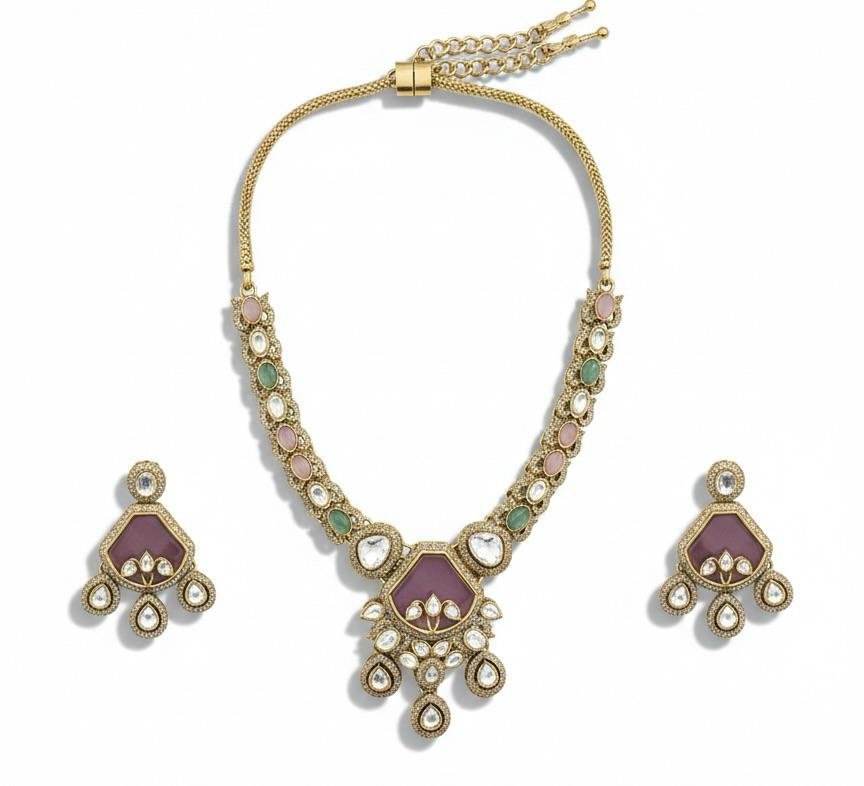 AD American Diamonds Ruby Stone Gold Polish Neck Jewellery Set