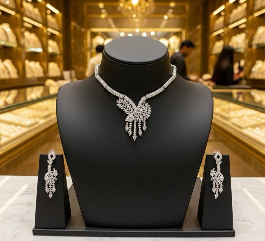 AD American Diamonds Silver Polish Neck Jewellery Set