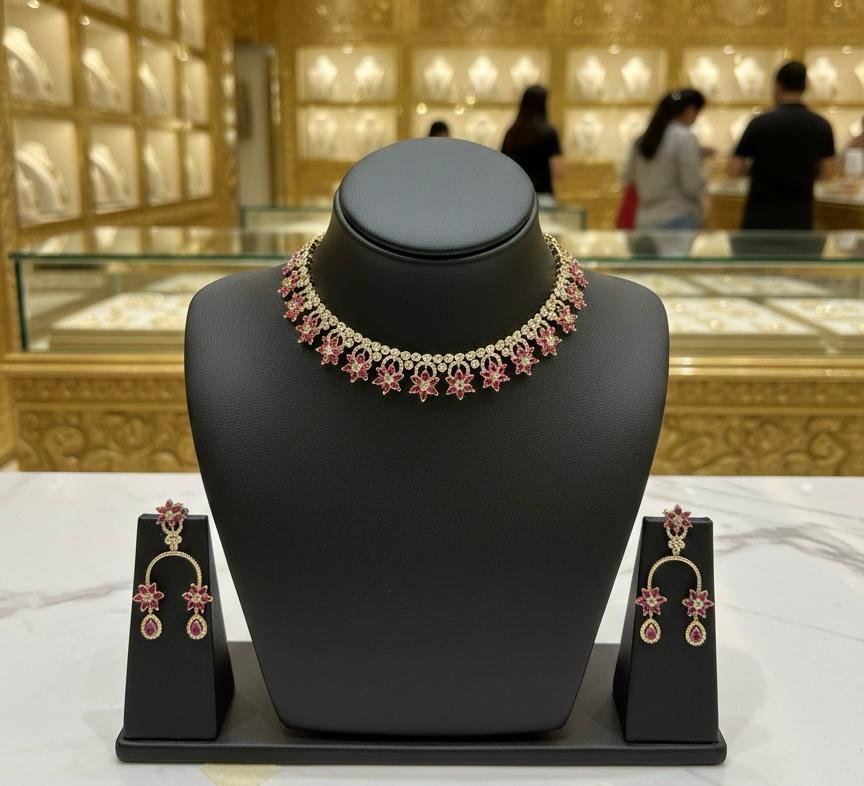 AD American Diamonds Ruby Color Gold Polish Neck Jewellery Set