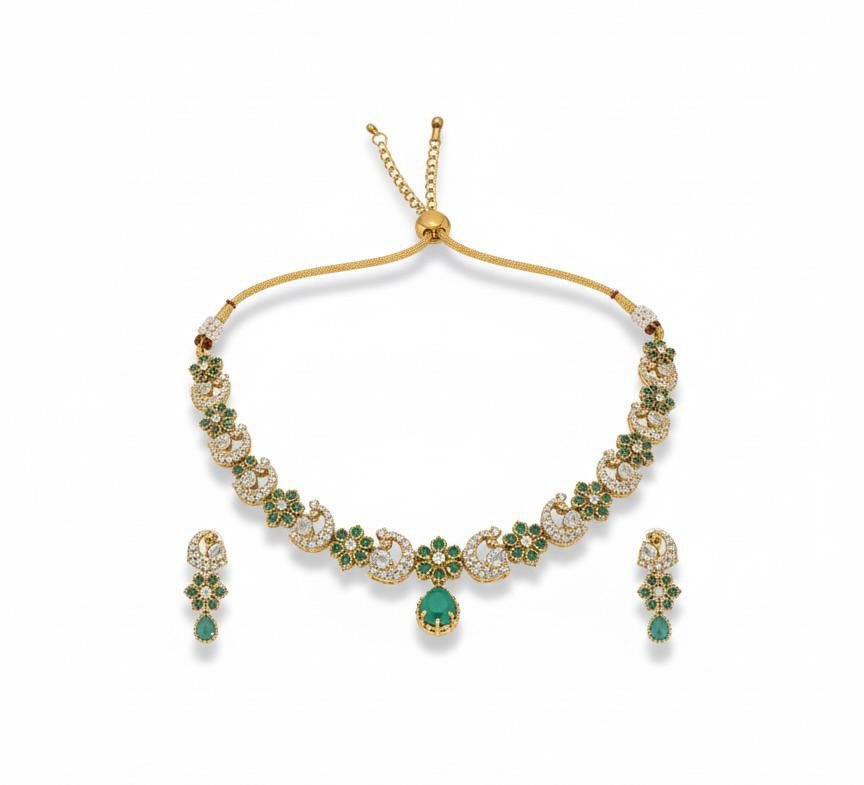 AD American Diamonds Emerald Color Gold Polish Neck Jewellery Set