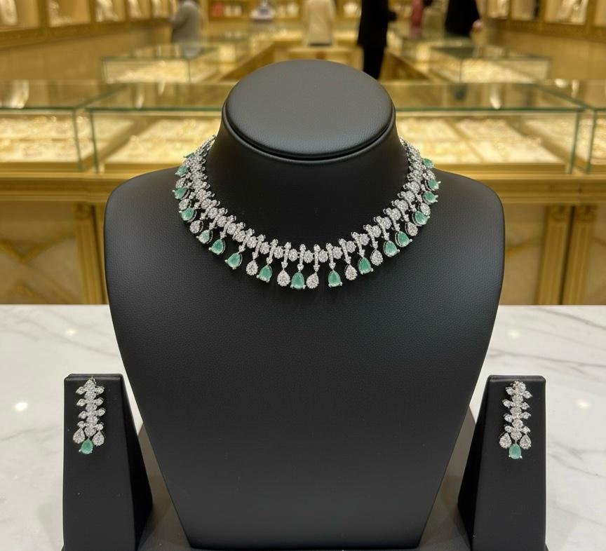 AD American Diamonds Mint Color Silver Polish Neck Jewellery Set
