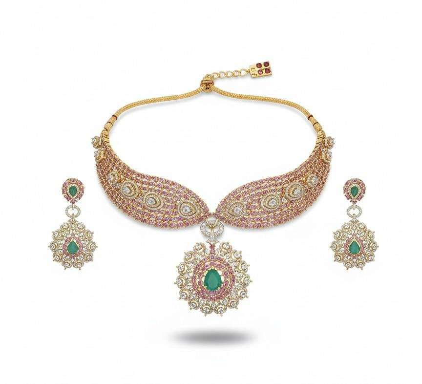 Royal Pink AD (American Diamonds) V-Shape Antique Neck Jewellery Set