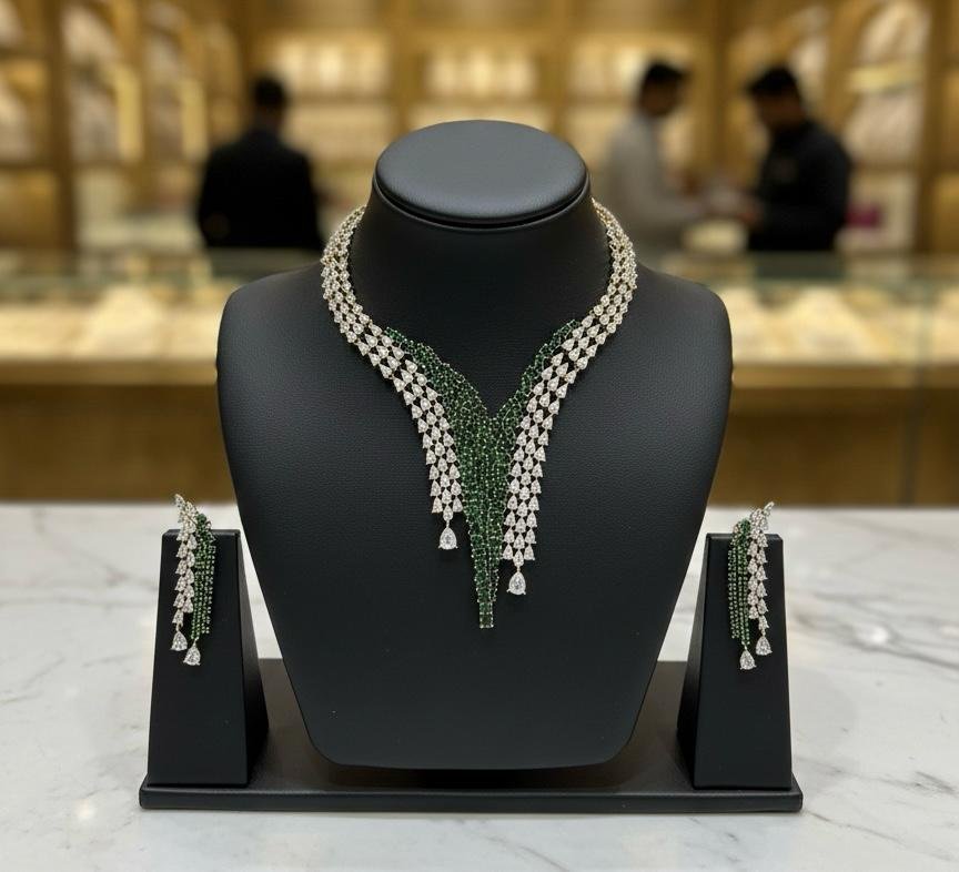 AD American Diamonds Emerald Color Antique Polish Neck Jewellery Set