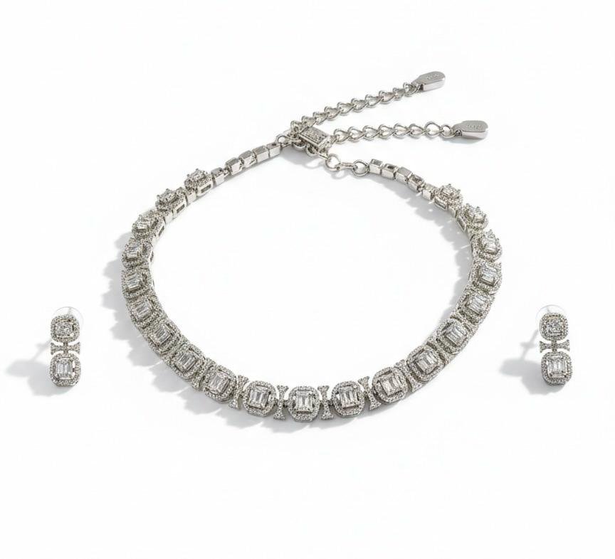 AD American Diamonds Silver Polish Neck Jewellery Set