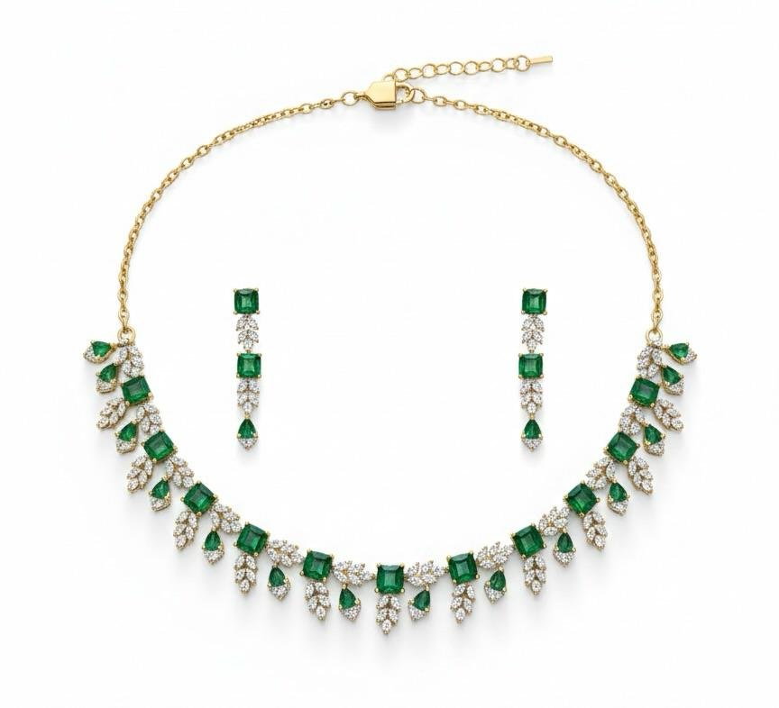 AD American Diamonds Emerald Color Antique Polish Neck Jewellery Set