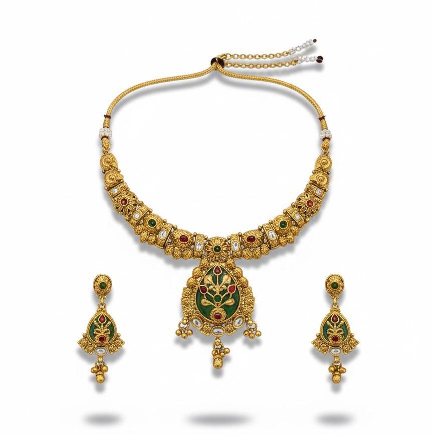 Temple Long Necklace Set Mint Color Golden Polish