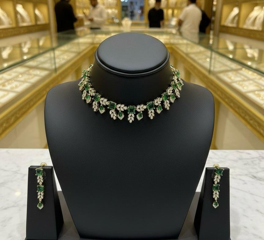 AD American Diamonds Emerald Color Antique Polish Neck Jewellery Set