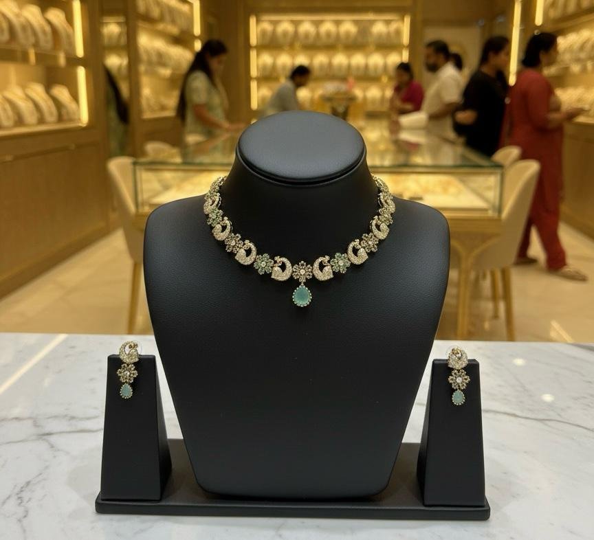 AD American Diamonds Emerald Color Gold Polish Neck Jewellery Set